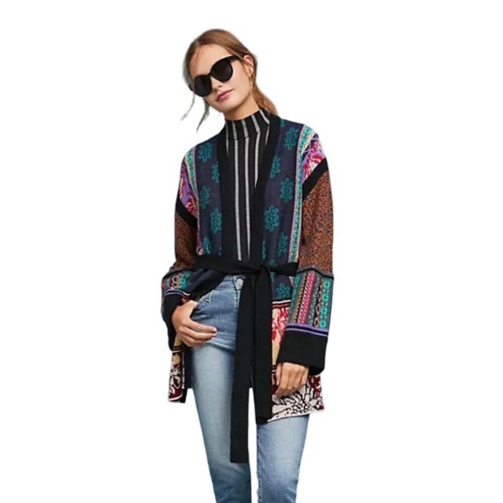 ANTHRO Akemi + Kin Patchwork Kimono Cardigan Bohemian Chic Sz XS Floral Leopard
